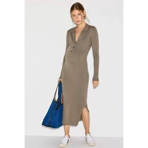 Ripe Womens Ribbed Knit Polo Midi Dress Taupe Brown Long Sleeve Size M